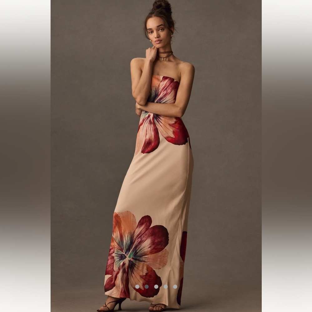 Anthropologie The Fleur Strapless Satin Maxi Dress Floral Print